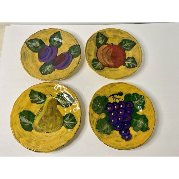Arte Italica Handpainted 8" Fruit Dessert Plates Plum Pear Grape Set Made Italy - Picture 1 of 8